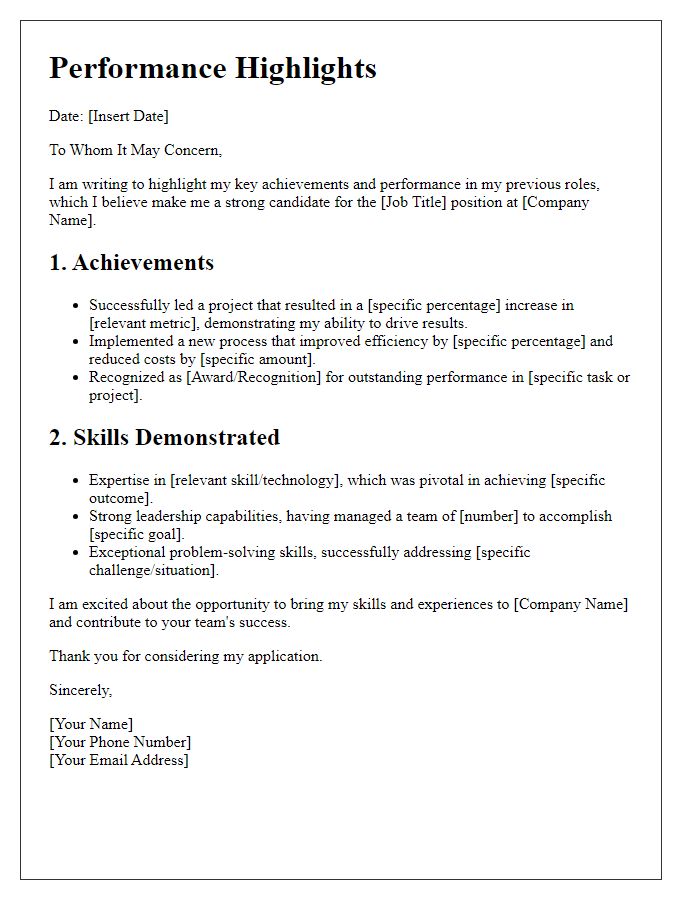 Letter template of performance highlights for job application.