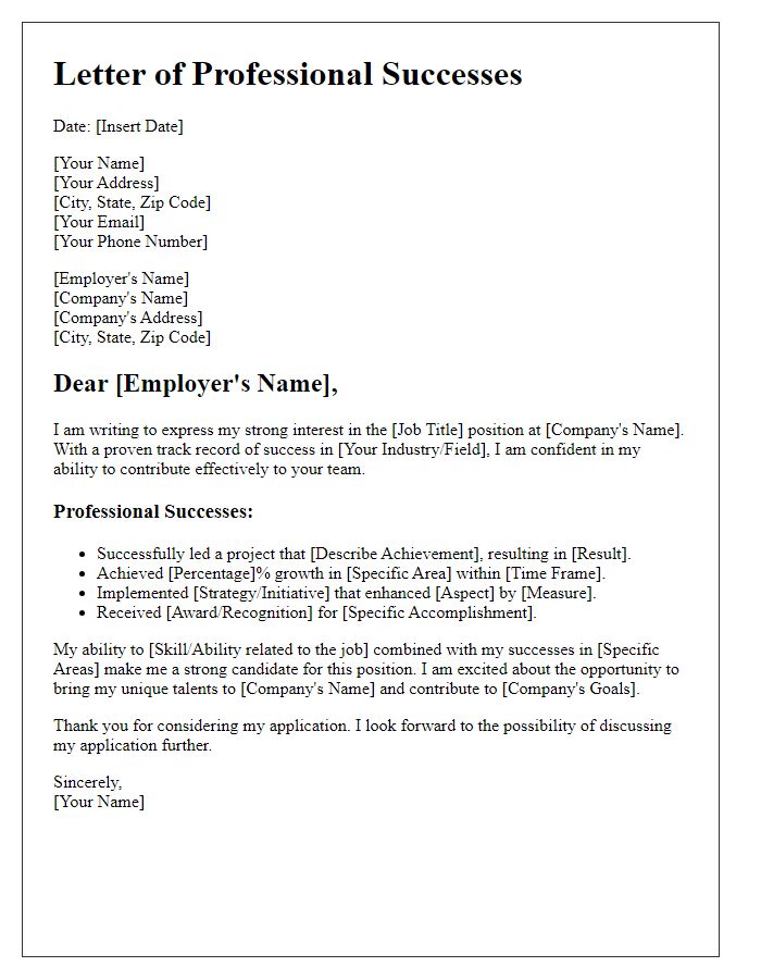 Letter template of professional successes for job application.