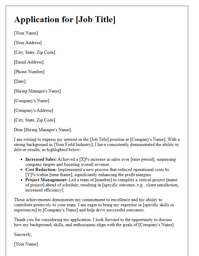 Letter template of results-driven achievements for job application.