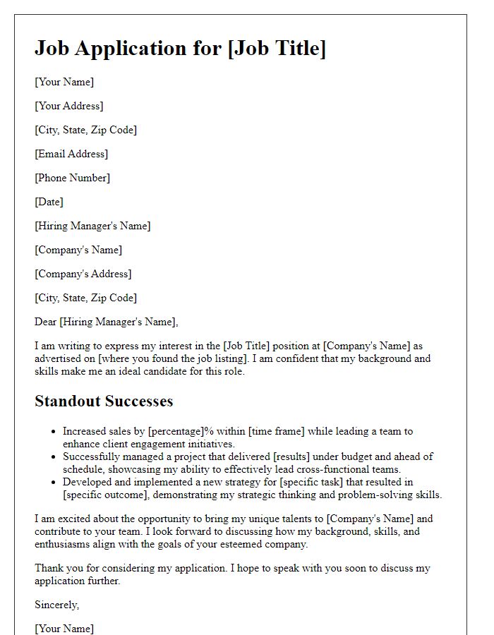 Letter template of standout successes for job application.