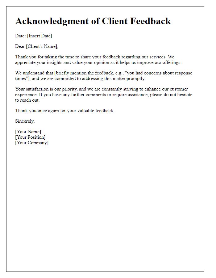 Letter template of acknowledgment for client feedback