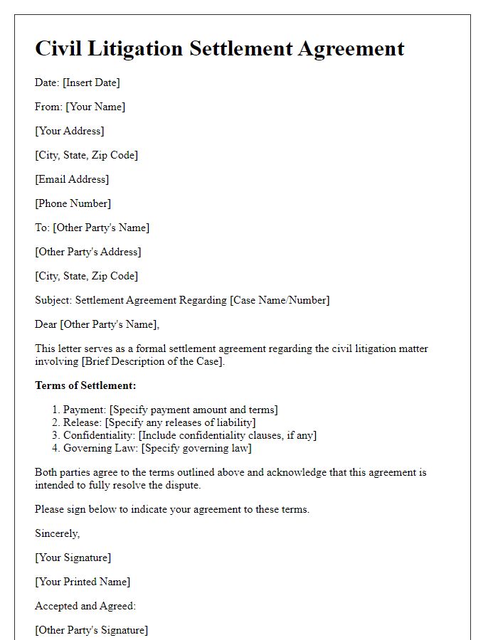 Letter template of civil litigation settlement agreement