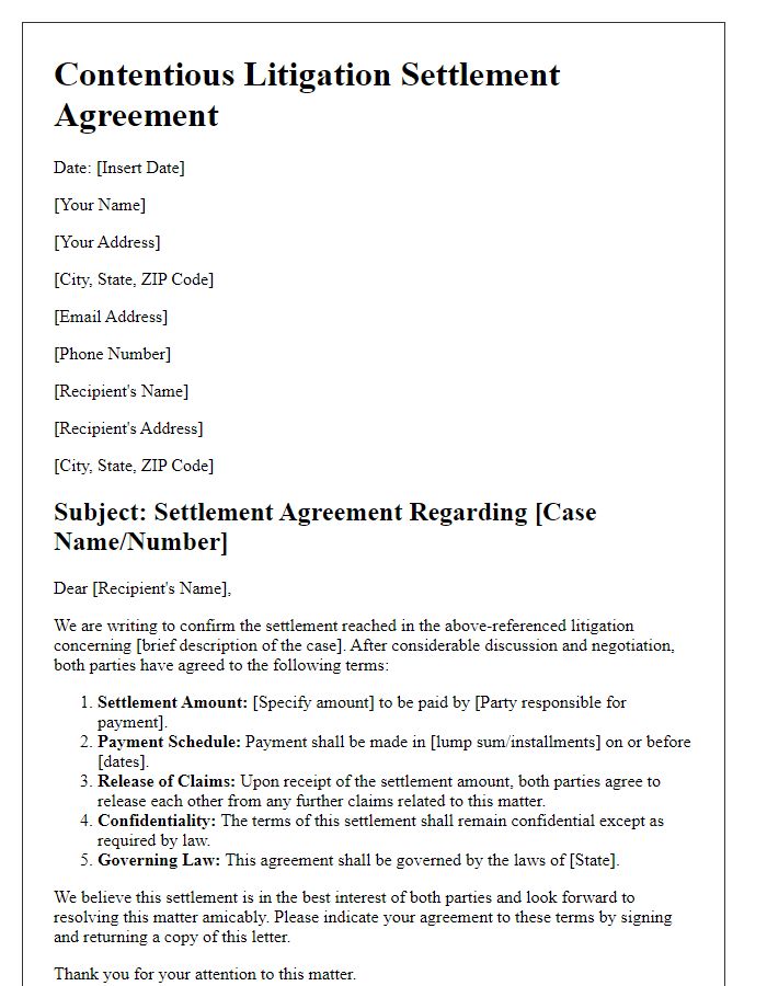 Letter template of contentious litigation settlement