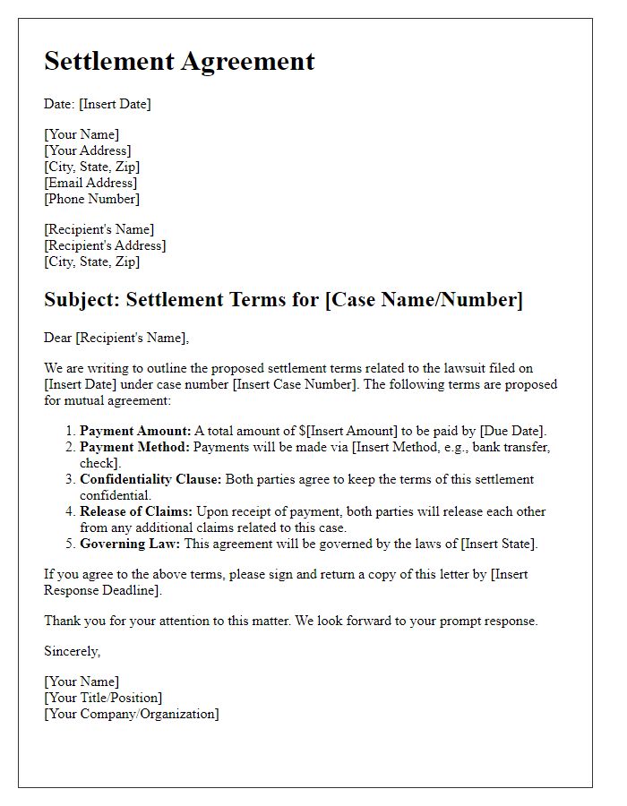 Letter template of lawsuit settlement terms