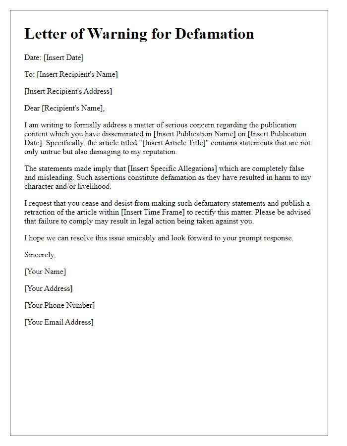 Letter template of defamation lawsuit warning for print publication