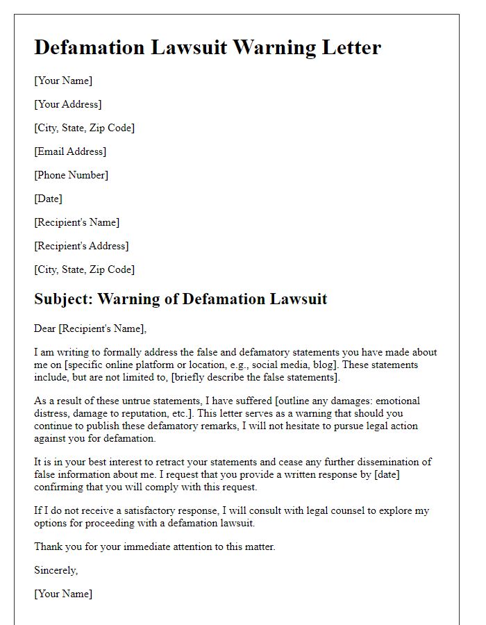 Letter template of defamation lawsuit warning regarding online statements