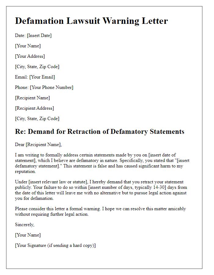 Letter template of defamation lawsuit warning seeking retraction