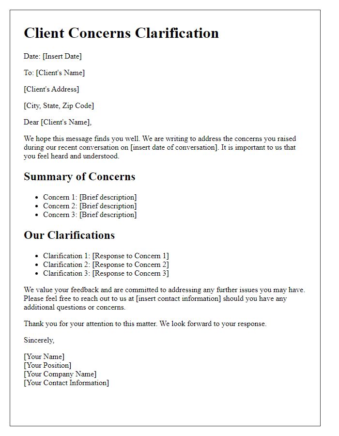 Letter template of Client Concerns Clarification