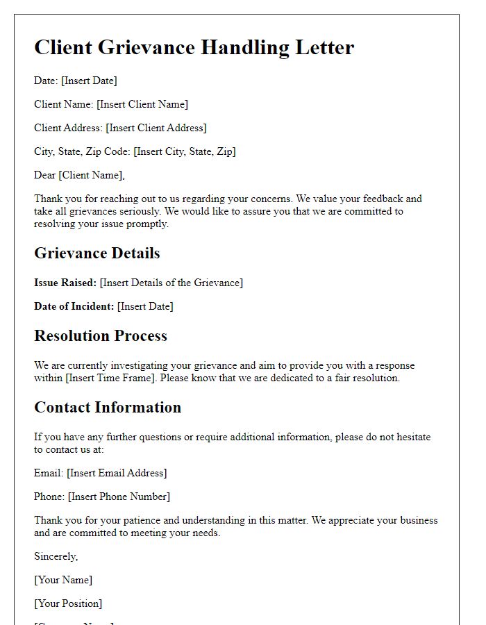 Letter template of Client Grievance Handling