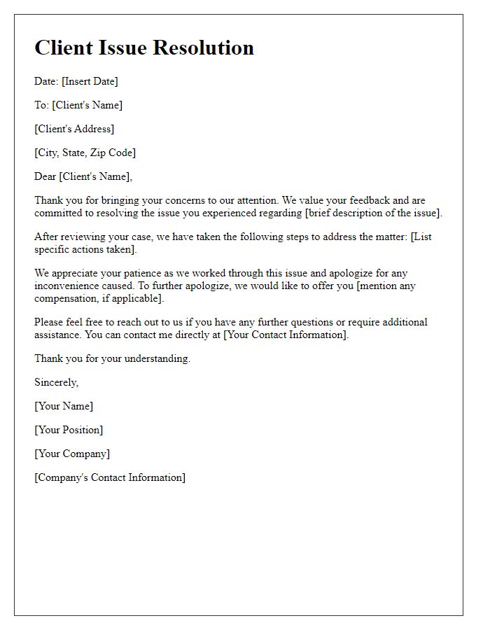 Letter template of Client Issue Resolution