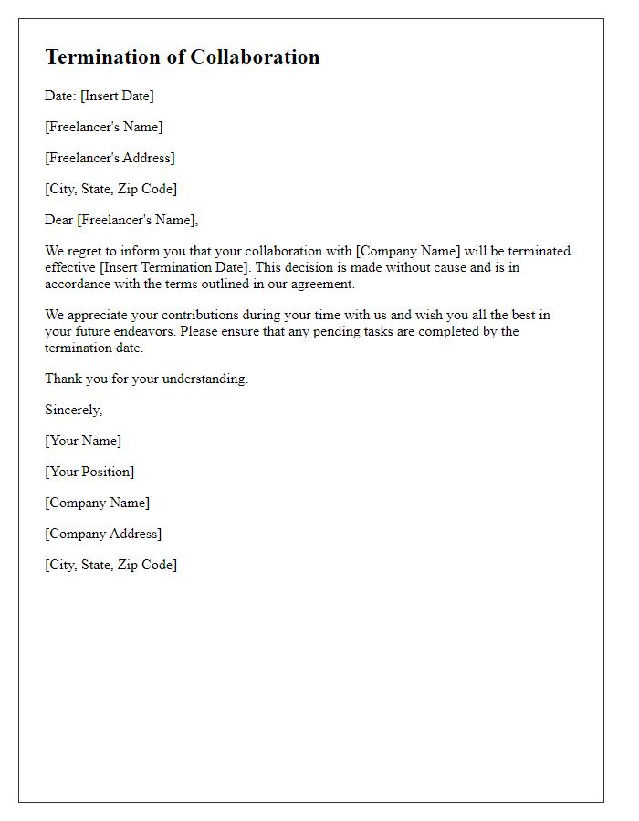 Letter template of termination without cause for freelance collaborators