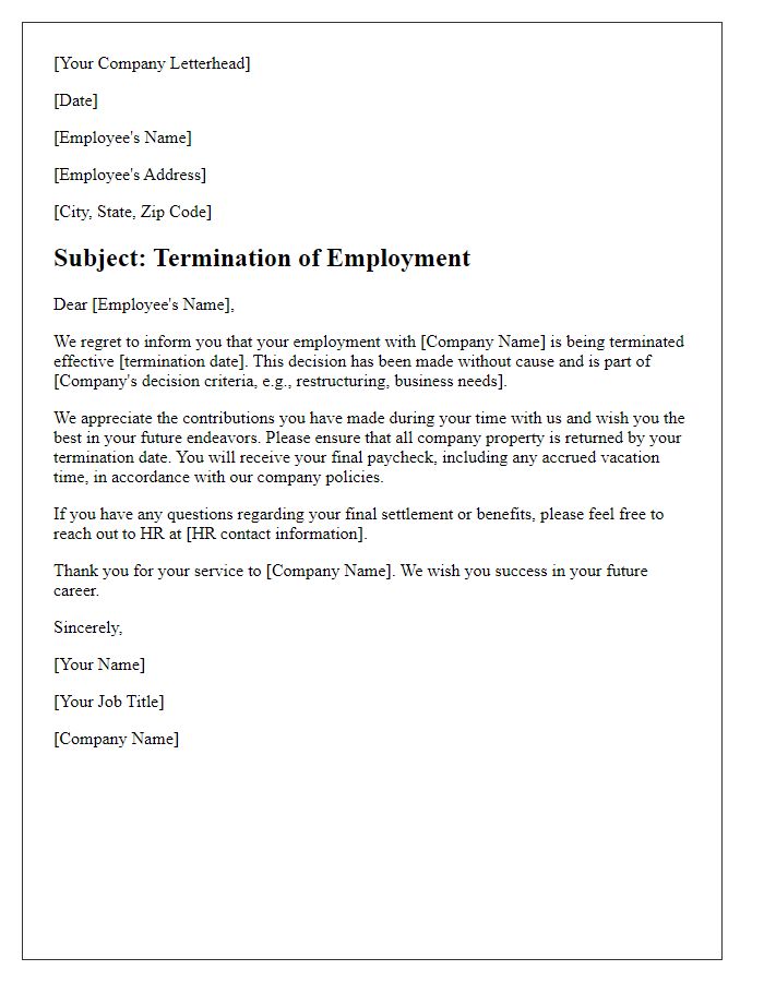 Letter template of termination without cause for remote workers