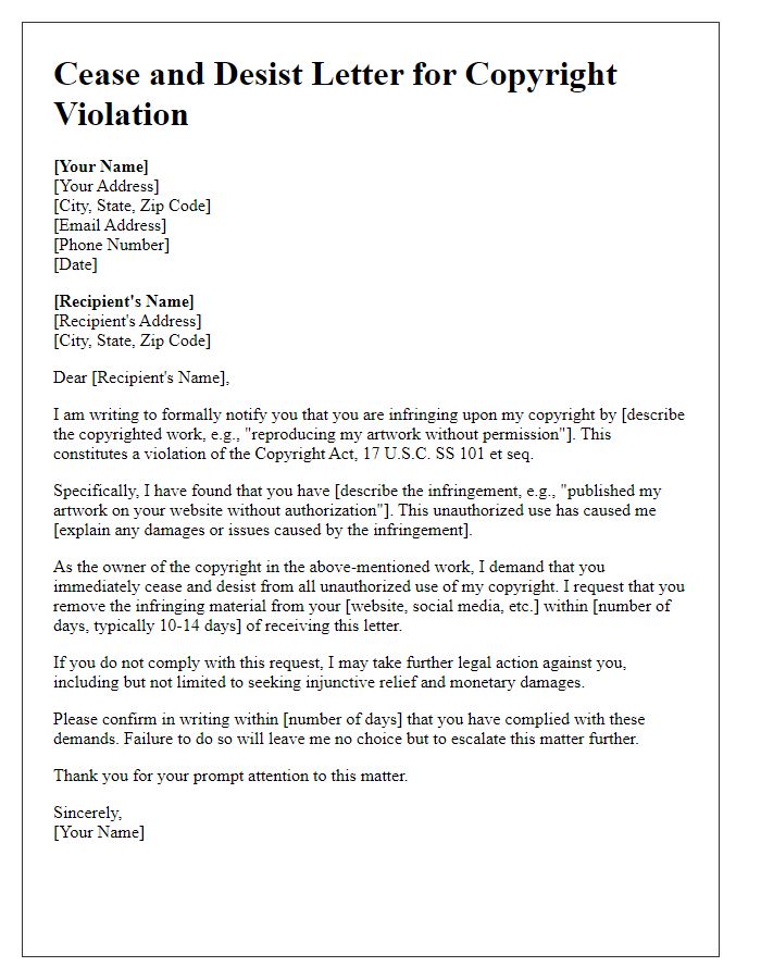 Letter template of cease and desist for copyright violation