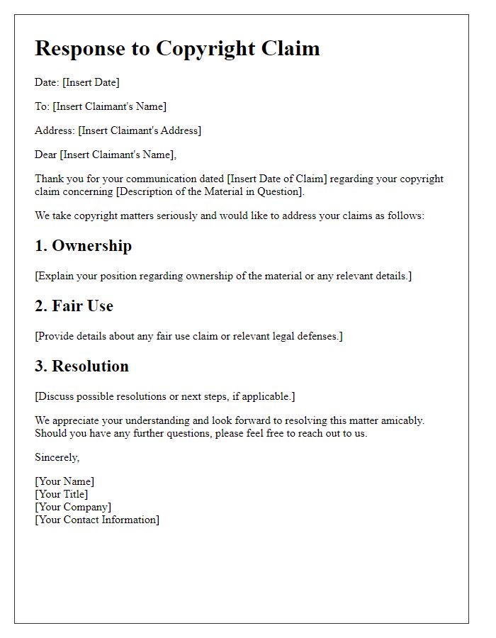 Letter template of copyright claim response