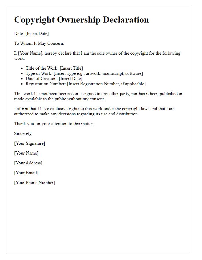 Letter template of copyright ownership declaration