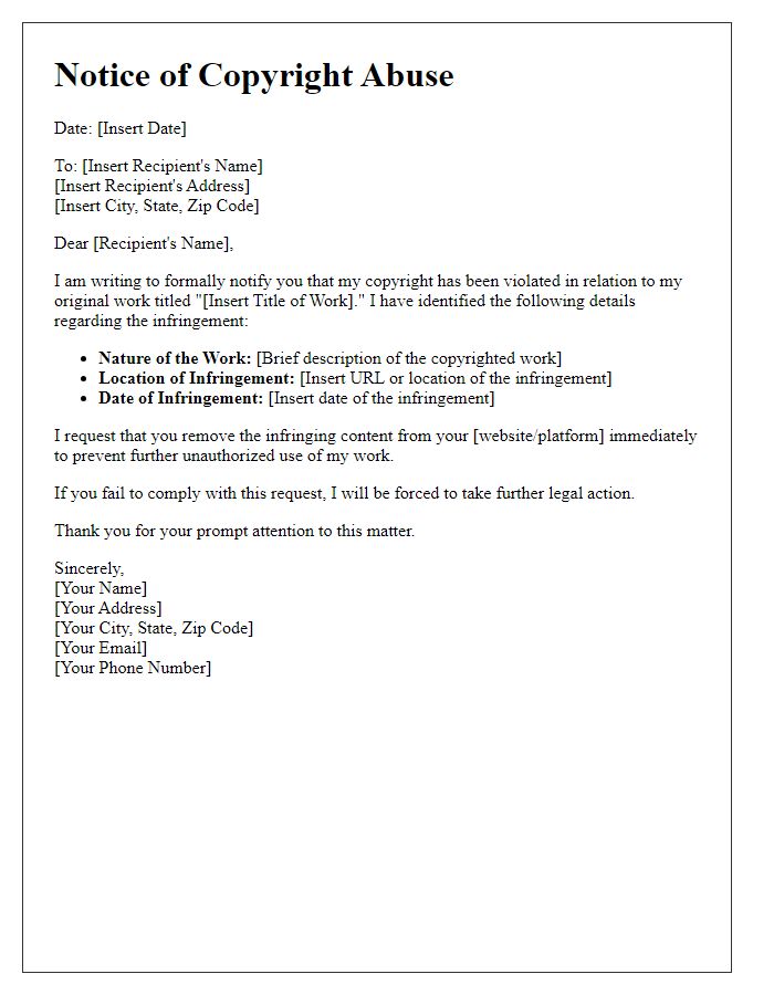 Letter template of notice of copyright abuse