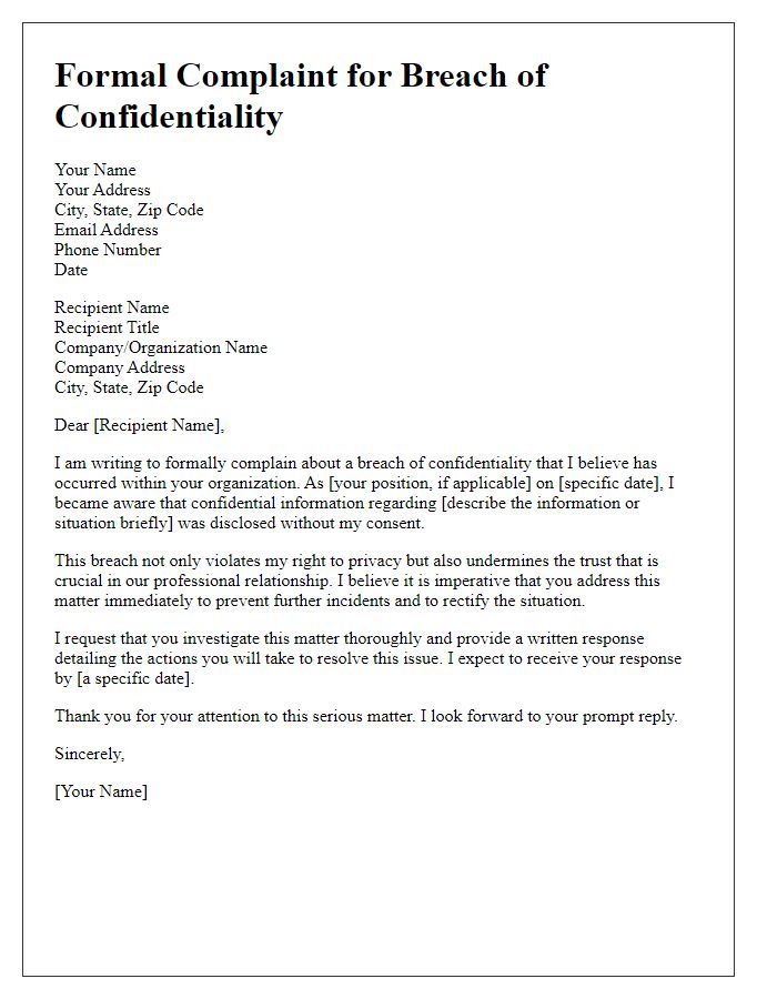 Letter template of Formal Complaint for Breach of Confidentiality