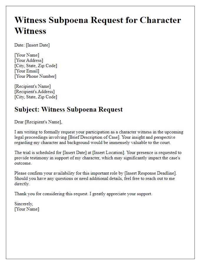 Letter template of witness subpoena request for character witness