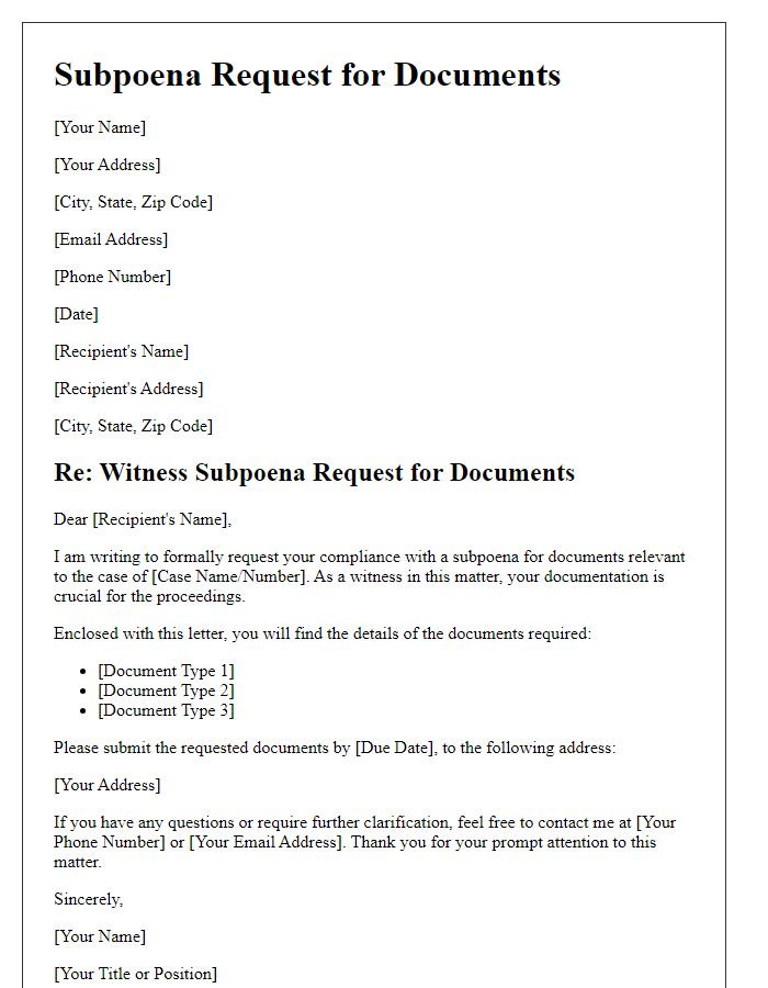 Letter template of witness subpoena request for documents