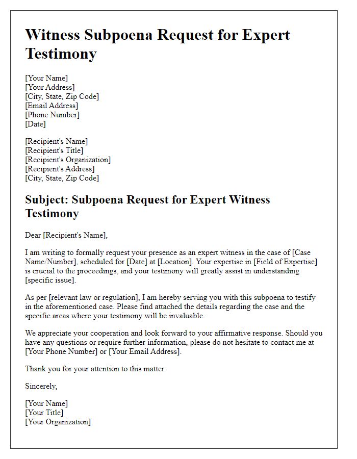 Letter template of witness subpoena request for expert testimony