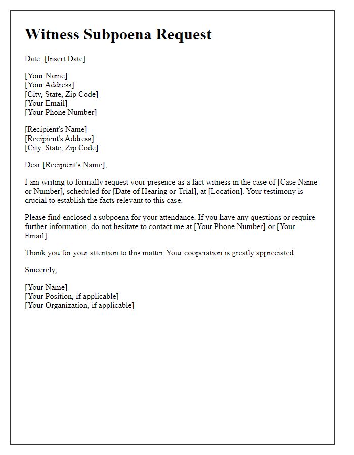 Letter template of witness subpoena request for fact witness