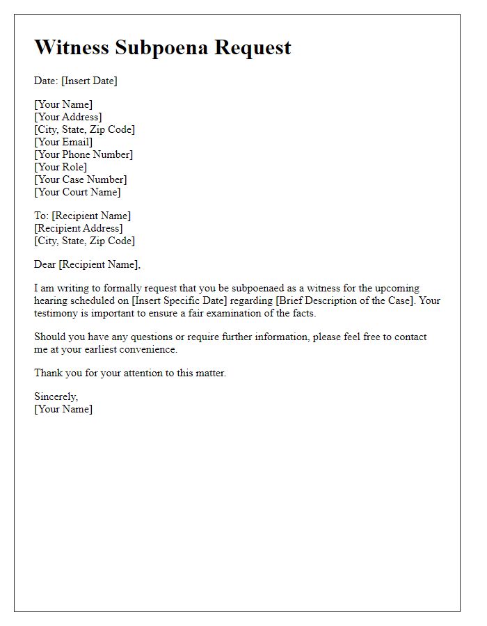 Letter template of witness subpoena request with specific date