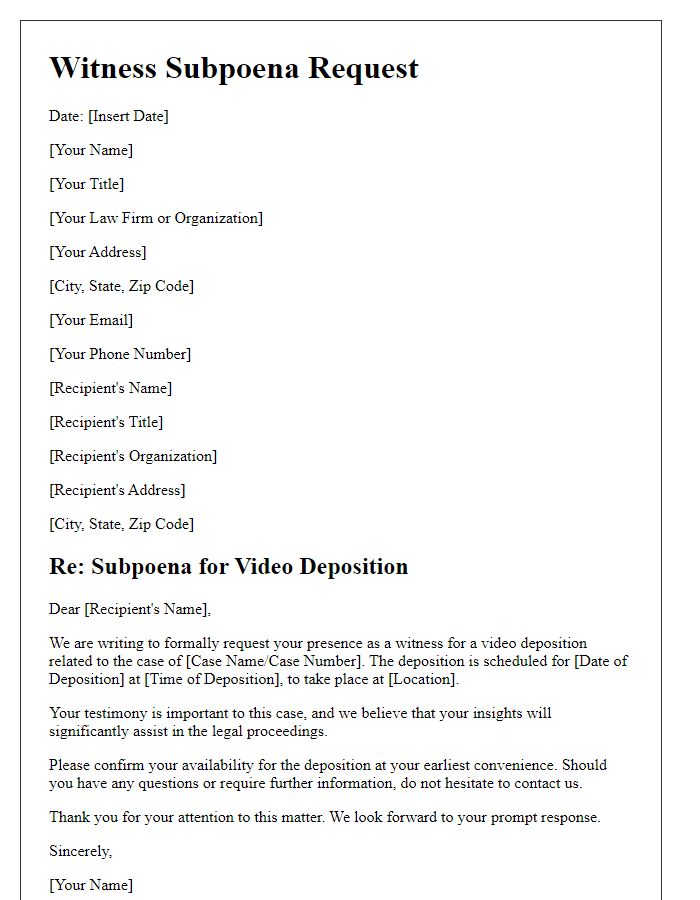 Letter template of witness subpoena request for video deposition