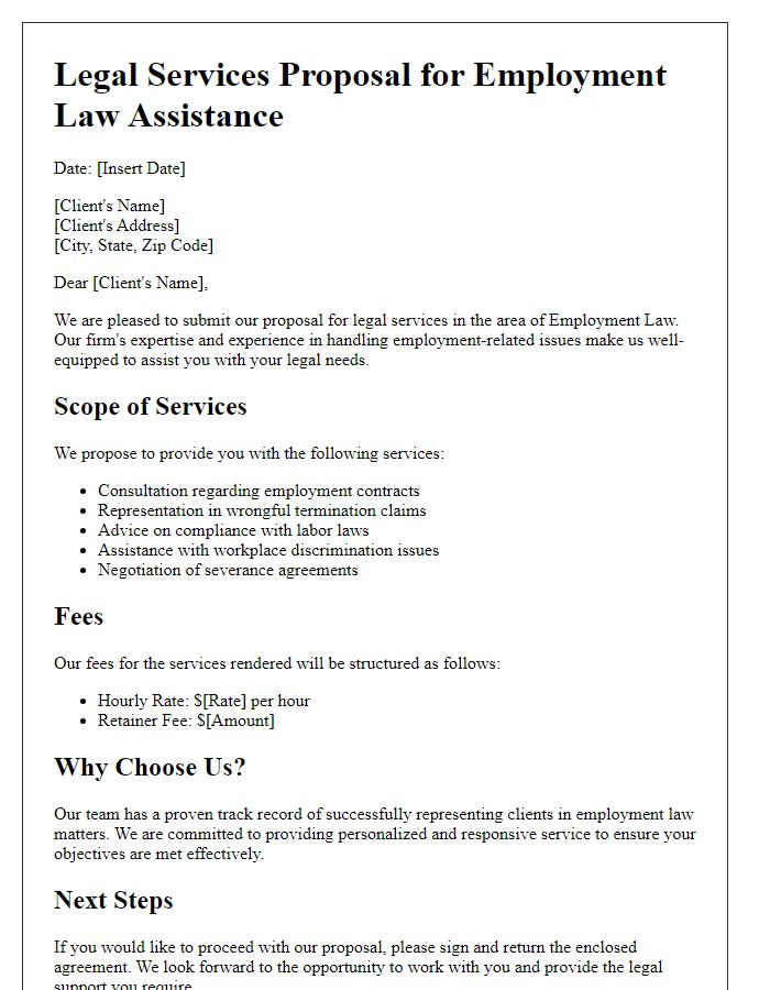 Letter template of legal services proposal for employment law assistance.