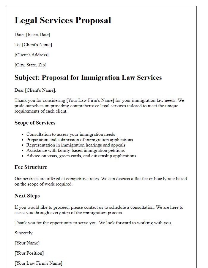 Letter template of legal services proposal for immigration law services.