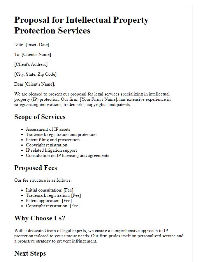 Letter template of legal services proposal for intellectual property protection.