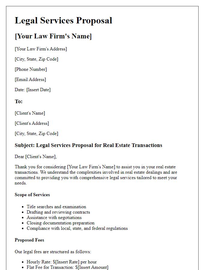 Letter template of legal services proposal for real estate transactions.