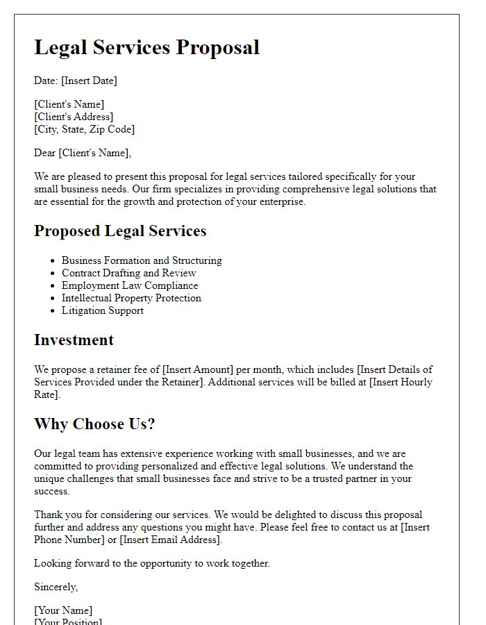 Letter template of legal services proposal for small businesses.