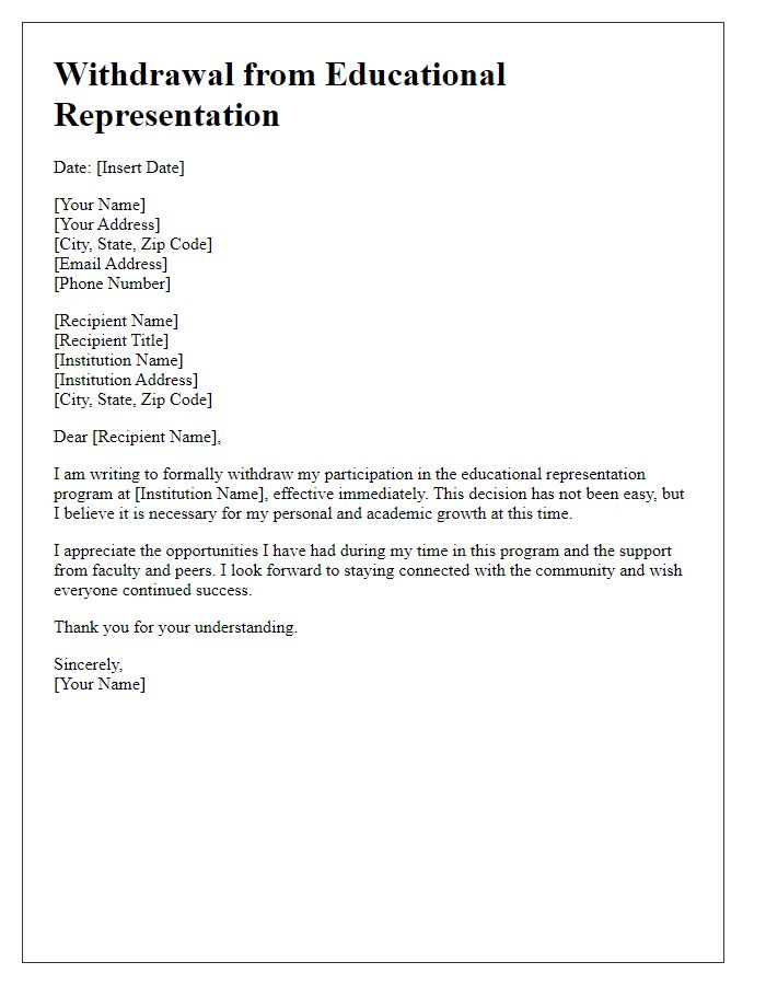 Letter template of withdrawal from educational representation