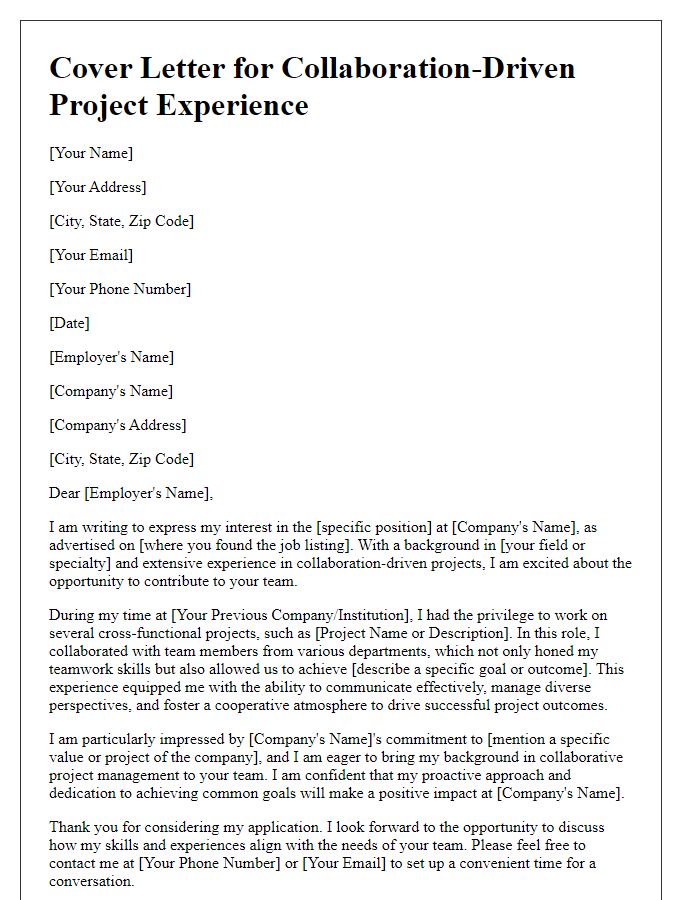 Letter template of collaboration-driven project experience cover letter