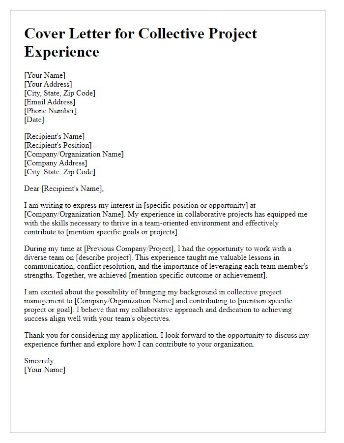 Letter template of collective project experience cover letter