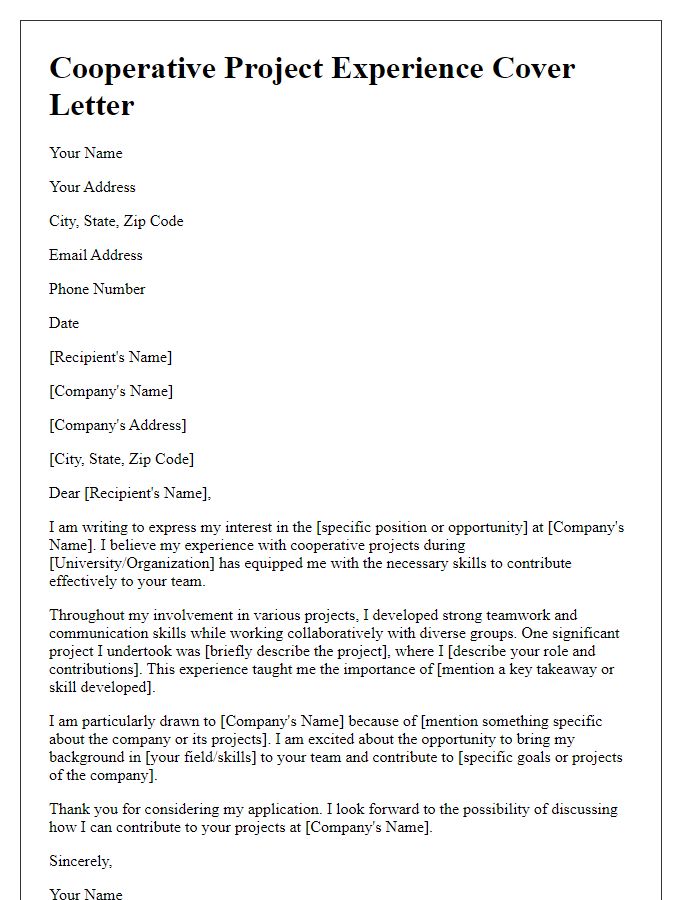 Letter template of cooperative project experience cover letter