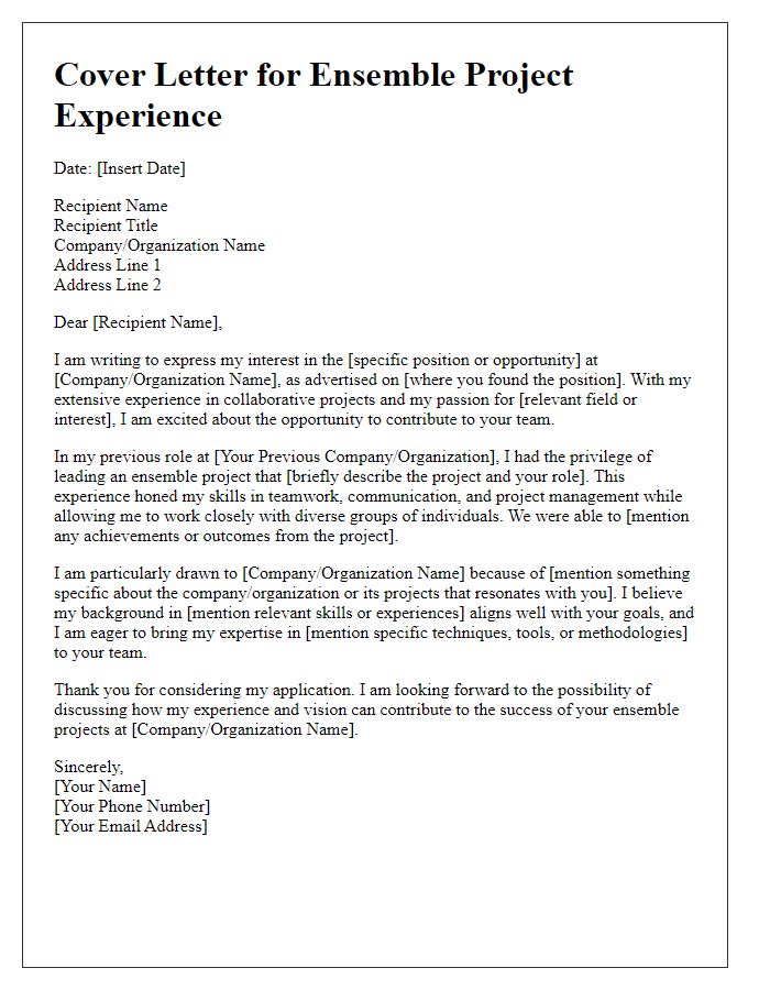 Letter template of ensemble project experience cover letter