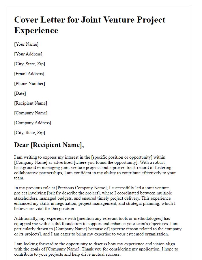 Letter template of joint venture project experience cover letter