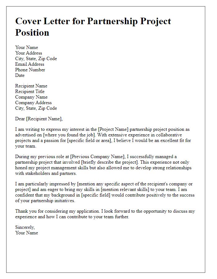 Letter template of partnership project experience cover letter