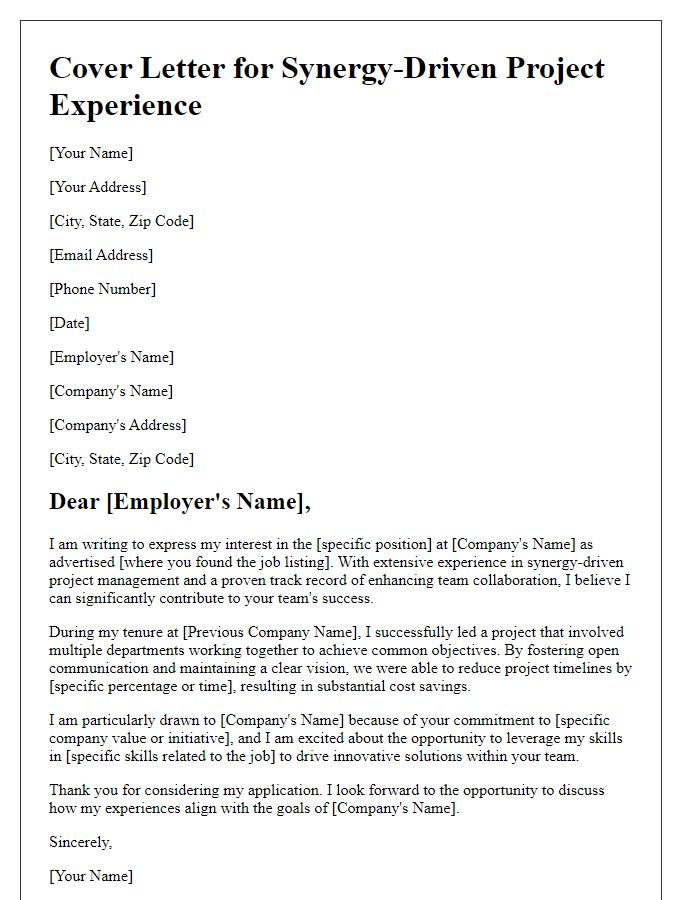 Letter template of synergy-driven project experience cover letter