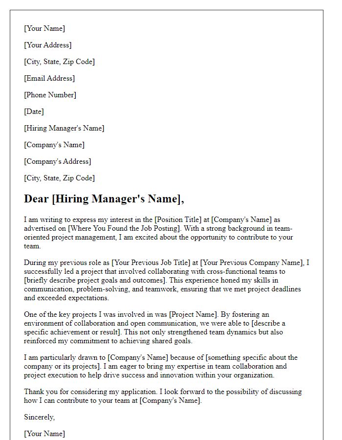 Letter template of team-oriented project experience cover letter