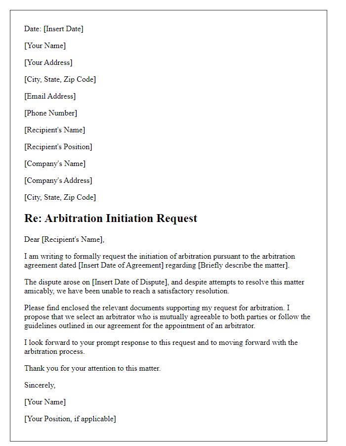 Letter template of Arbitration Initiation Request