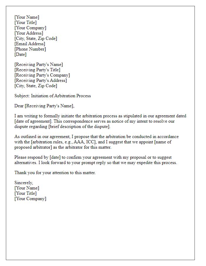 Letter template of Initiation of Arbitration Process