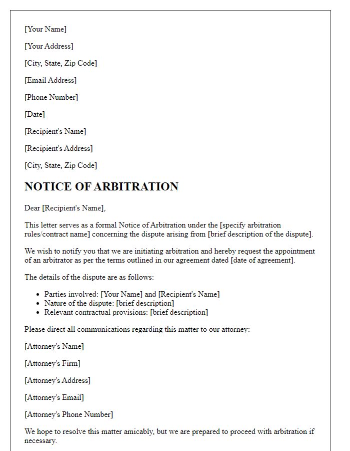 Letter template of Notice of Arbitration