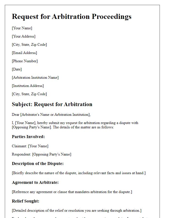 Letter template of Request for Arbitration Proceedings