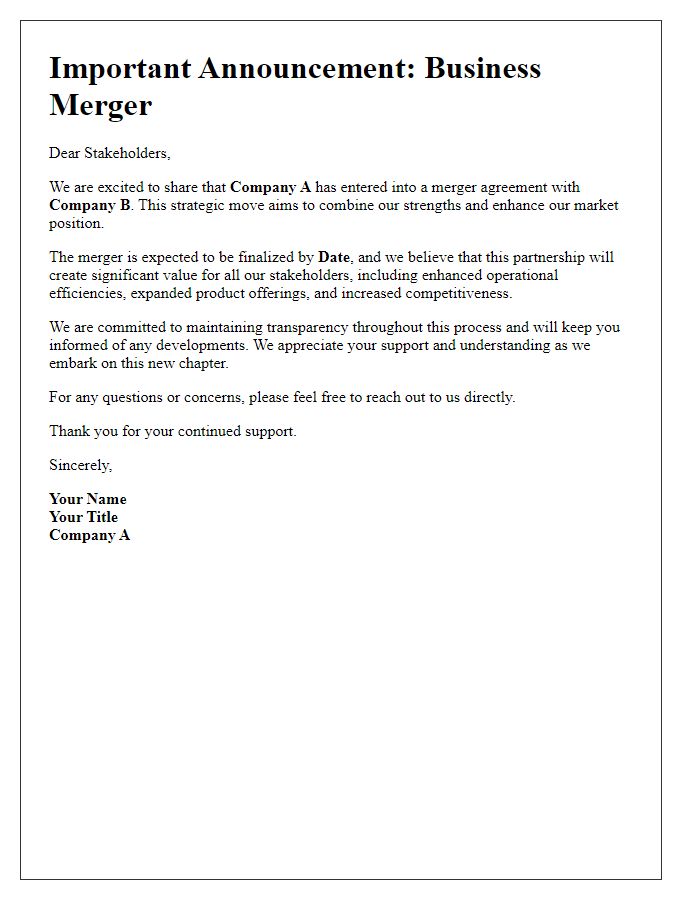 Letter template of business merger announcement to stakeholders