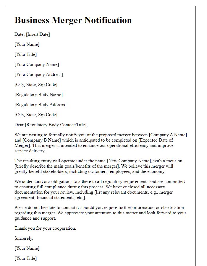 Letter template of business merger letter to regulatory bodies