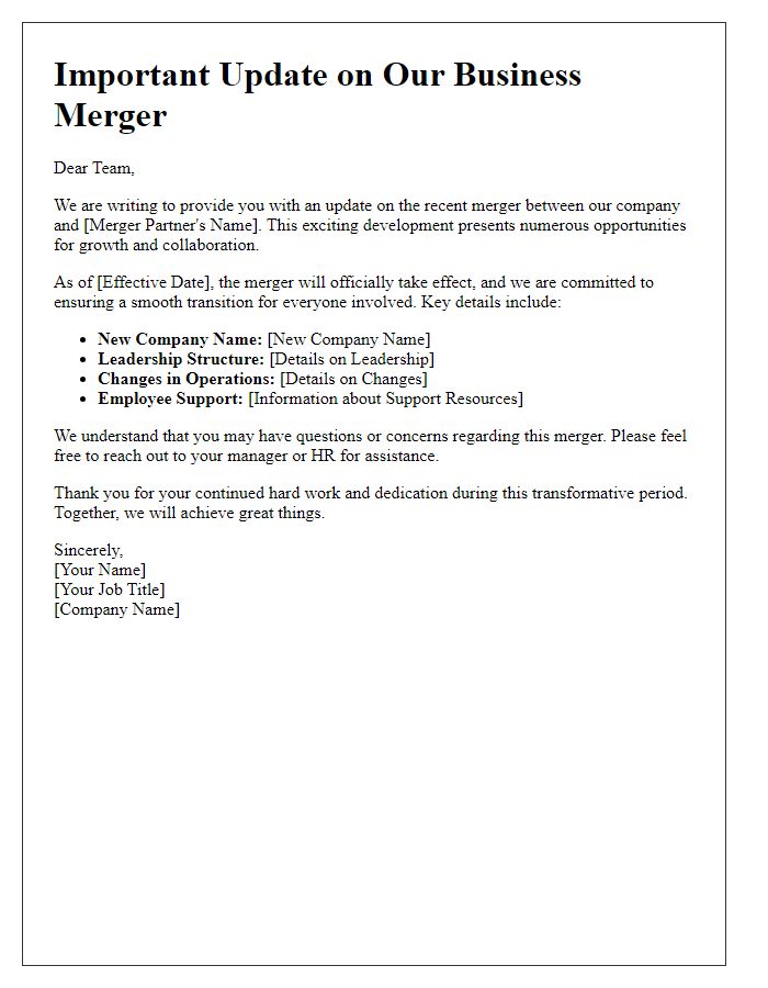 Letter template of business merger update for employees