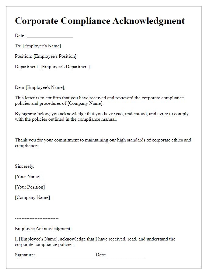 Letter template of corporate compliance acknowledgment.