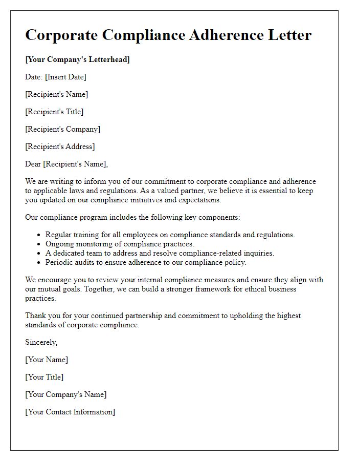 Letter template of corporate compliance adherence.